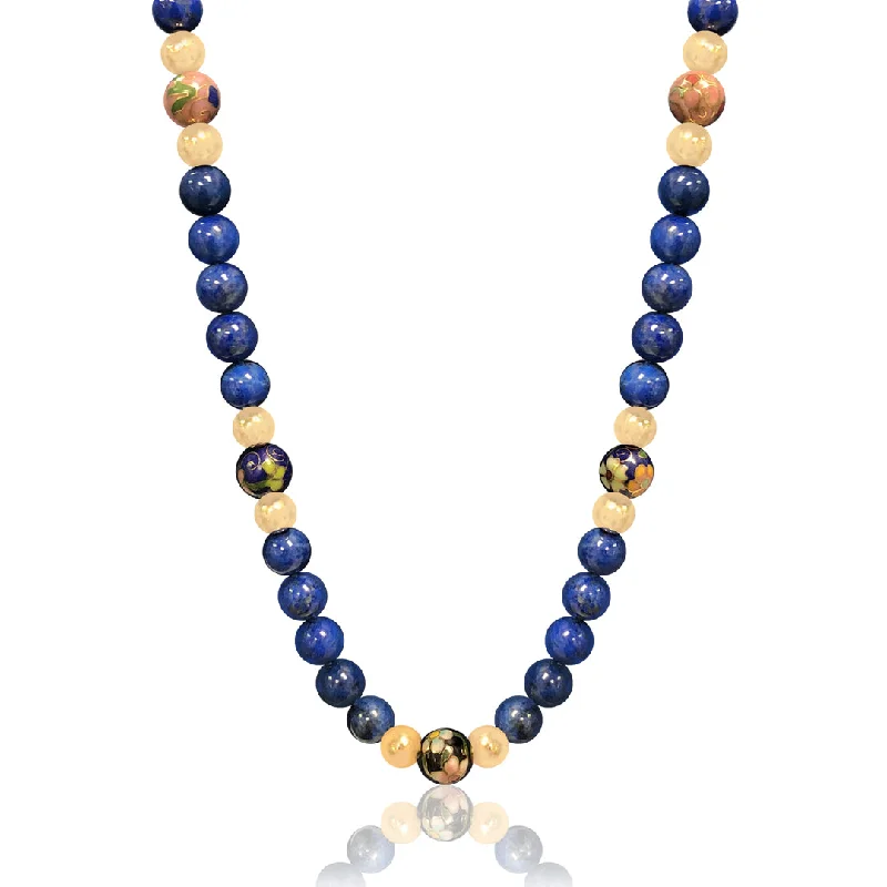 Old style necklaces-14K Yellow gold beaded necklace with blue lapiz