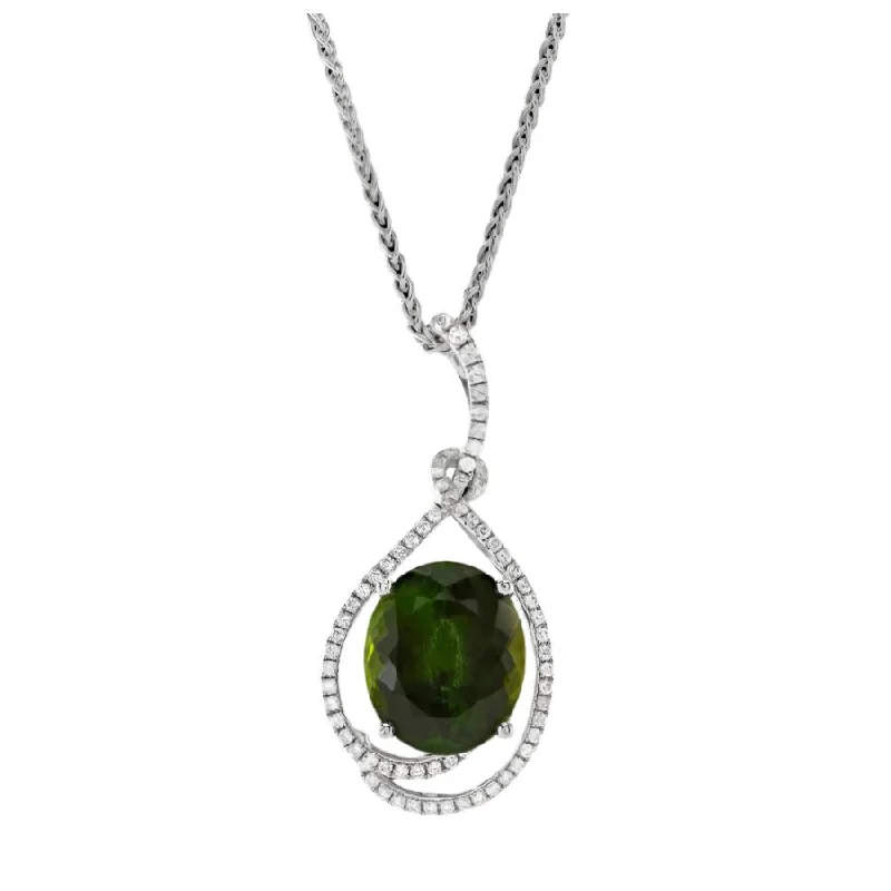 Citrine cut engagement rings-18ct White Gold Oval Cut Green Tourmaline & Diamond Pendant & Chain