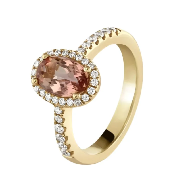 Vintage flair engagement rings-18ct Rose Gold Oval Cut Imperial Topaz & Diamond Halo Cluster Ring with Diamond Shoulders