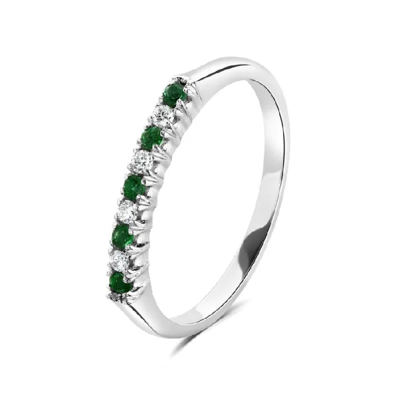 Tide motif engagement rings-18ct White Gold Emerald & Diamond Claw Set Half Eternity Band