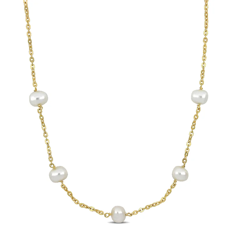 Trio birthstone necklaces-Miadora 9-10mm Cultured Freshwater Pearl Station Necklace in Yellow Silver - 18 in x 9.8 x 10 mm