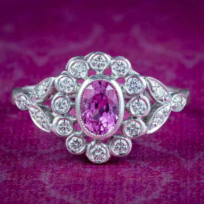 Stone cluster rings-Edwardian Style Pink Sapphire Diamond Daisy Cluster Ring 0.60ct Sapphire