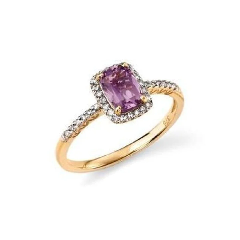 Sleek band engagement rings-9ct Yellow Gold Amethyst & Diamond Halo Cluster Ring