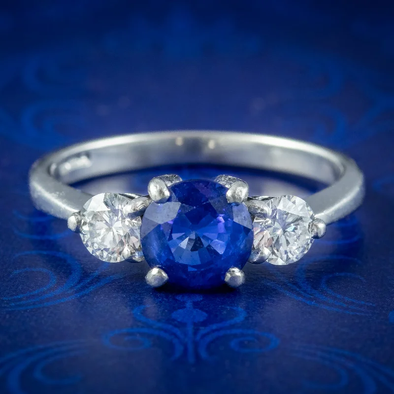 Flow style rings-Edwardian Style Sapphire Diamond Trilogy Ring 1.5ct Sapphire