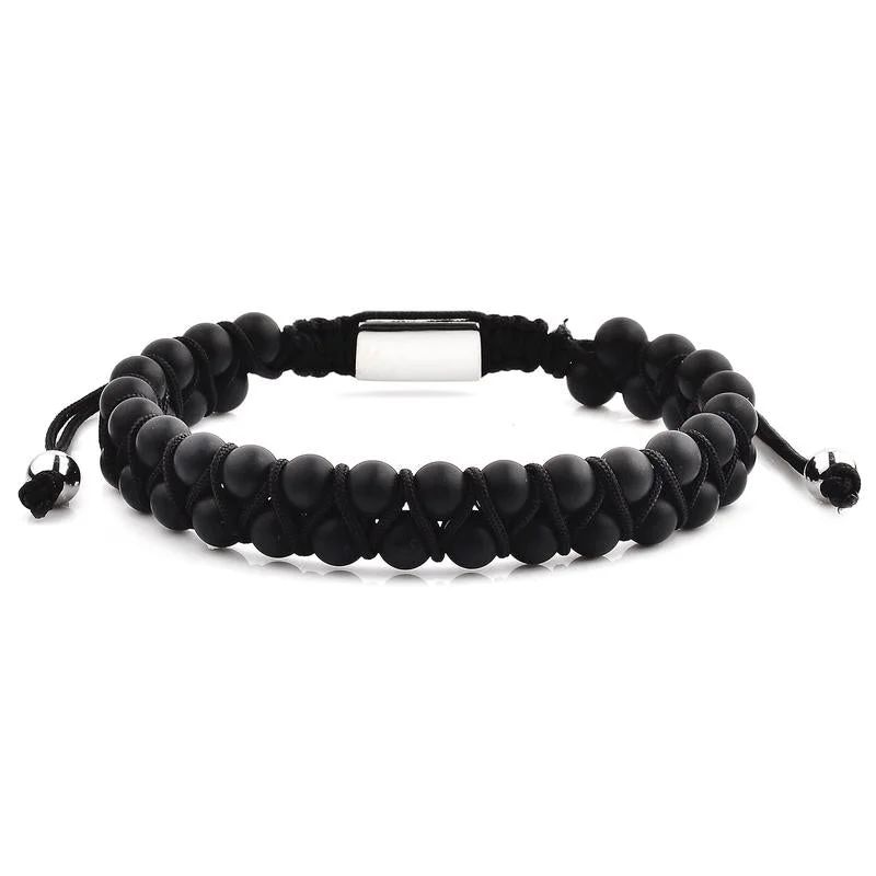 Polished word bangles-CRUCIBLE MEN'S MATTE BLACK AGATE STONE BEADED ADJUSTABLE BRACELET