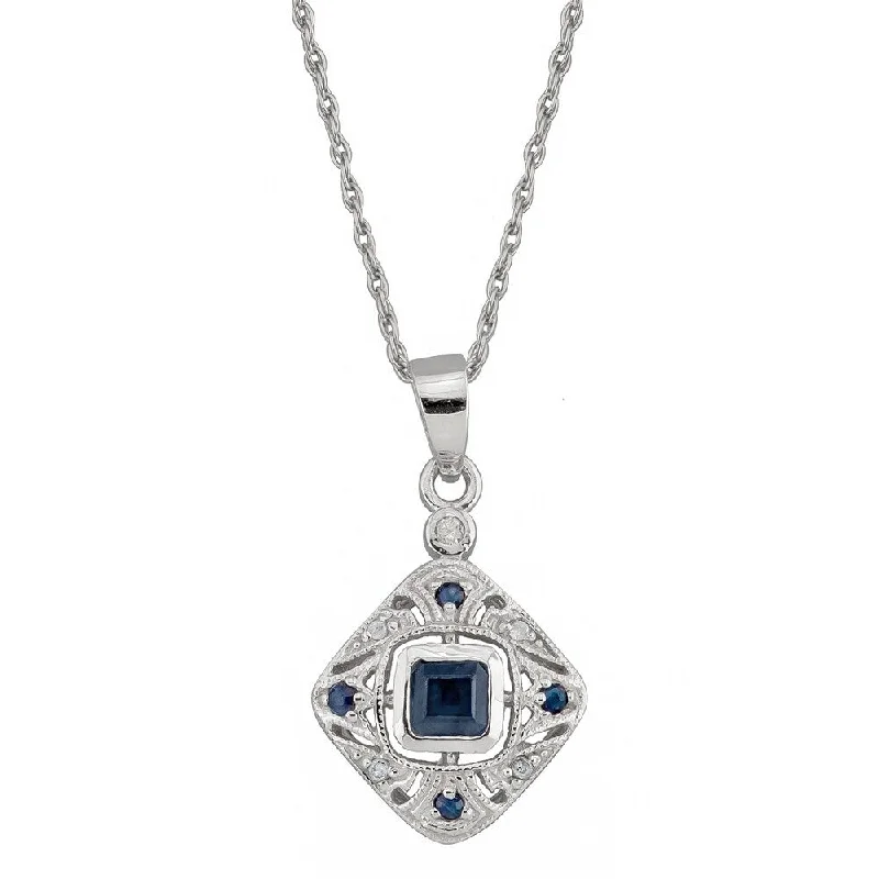 Crystal weave necklaces-Viducci 10k White Gold Vintage Style Sapphire and Diamond Necklace - Blue