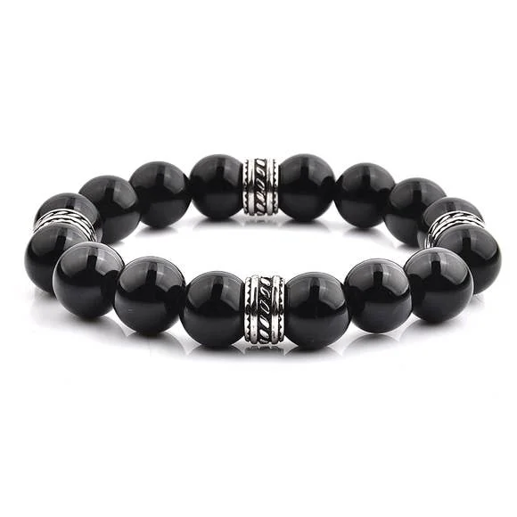 Ruby gem bangles-CRUCIBLE STAINLESS STEEL POLISHED ONYX TRIBAL BEADED STRETCH BRACELET (12MM)