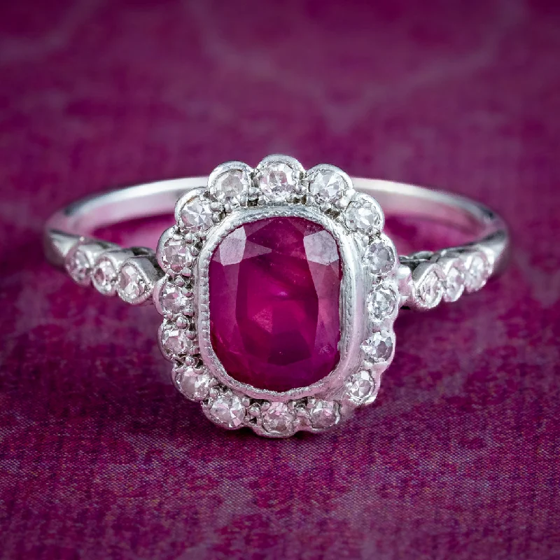 Glossy band rings-Antique Edwardian Ruby Diamond Cluster Ring 1ct Ruby