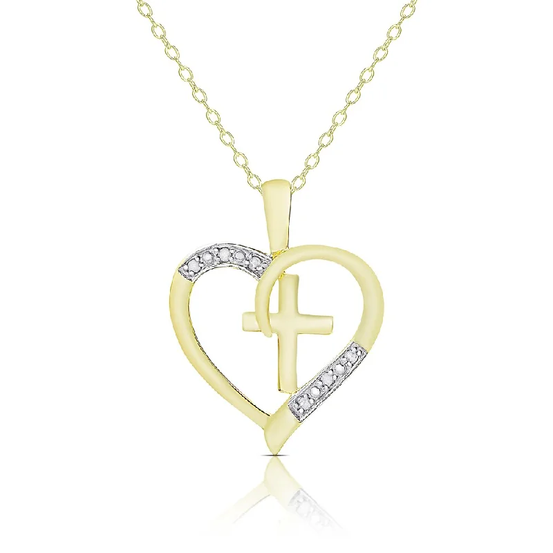 Flat knot necklaces-Finesque Sterling Silver or Gold Over Silver .06ct TDW Diamond Heart and Cross Necklace