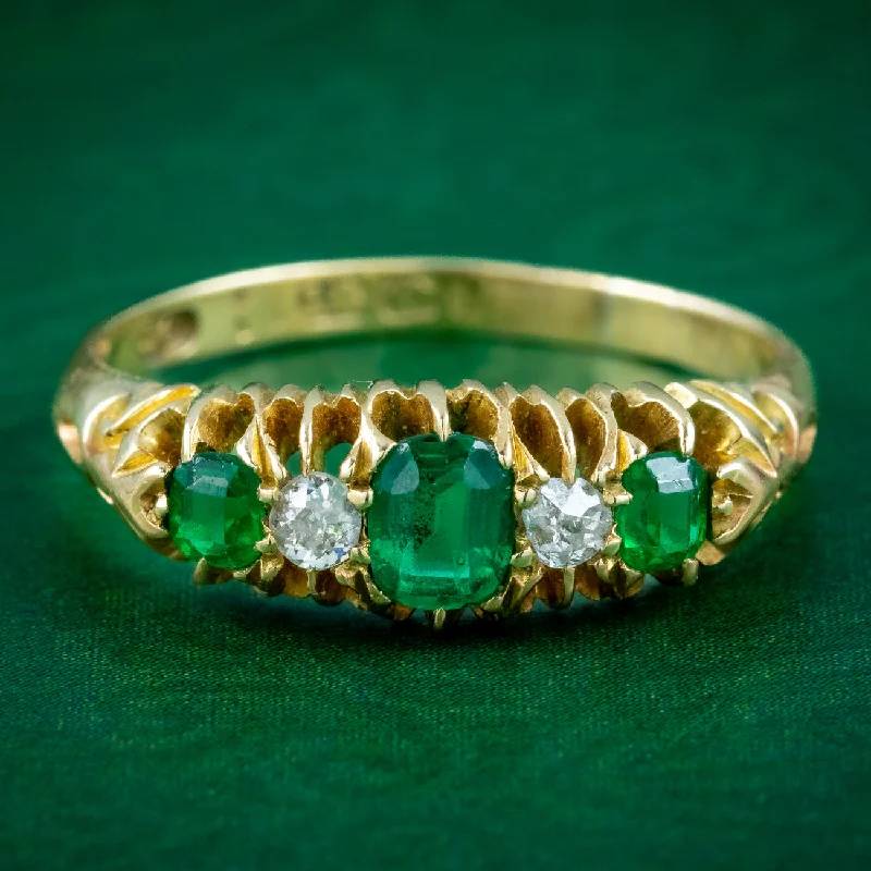 Silk cord rings-Antique Victorian Emerald Diamond Five Stone Ring 0.60ct of Emerald