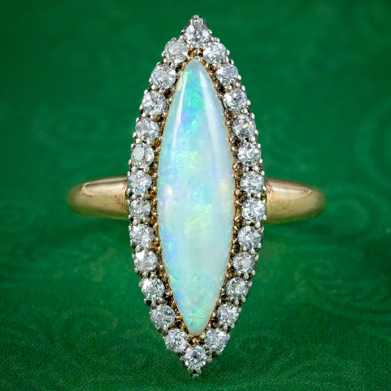 Bead cluster rings-Antique Victorian Opal Diamond Navette Cluster Ring 2.3ct Opal