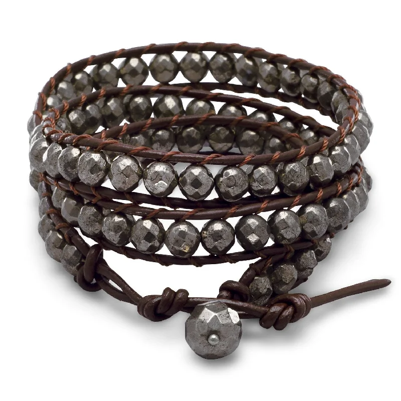 Ethnic weave bangles-21" + 1" Leather and Pyrite Wrap Fashion Bracelet