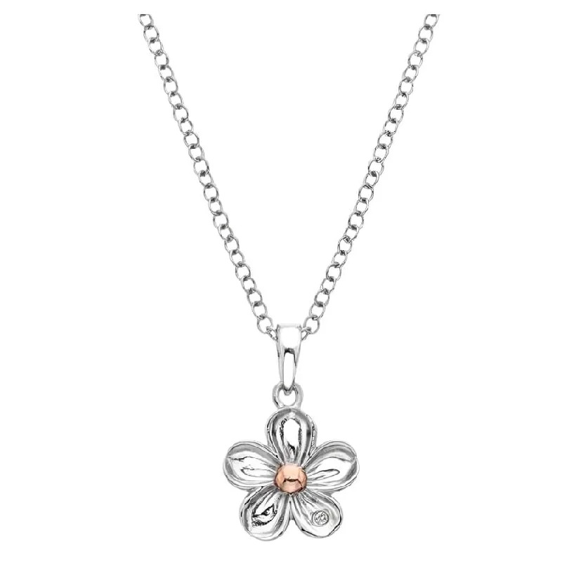 Carved initial engagement rings-Silver and Rose Gold Plated Diamond Set Forget Me Not Pendant on a 16-18' Silver Chain