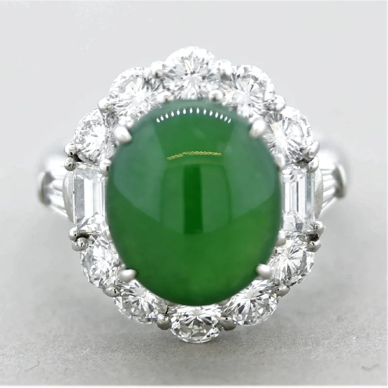 Tide design rings-Fine Jadeite Jade Diamond Platinum Ring, GIA Certified