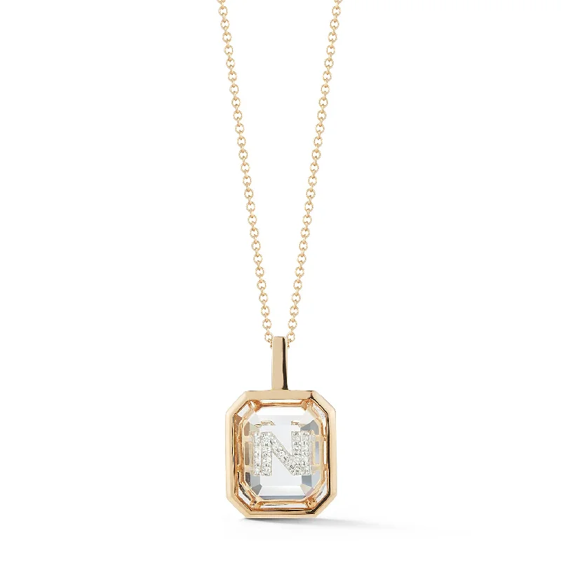 Slanted design necklaces-14kt Gold Frame Crystal Quartz Secret Diamond Initial necklace