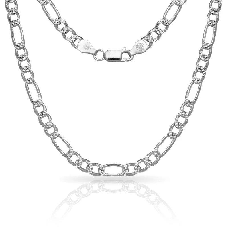 Tarnished silver necklaces-Sterling Silver Men's Italian 6mm Pave Figaro Chain Necklace (18'-30") - White