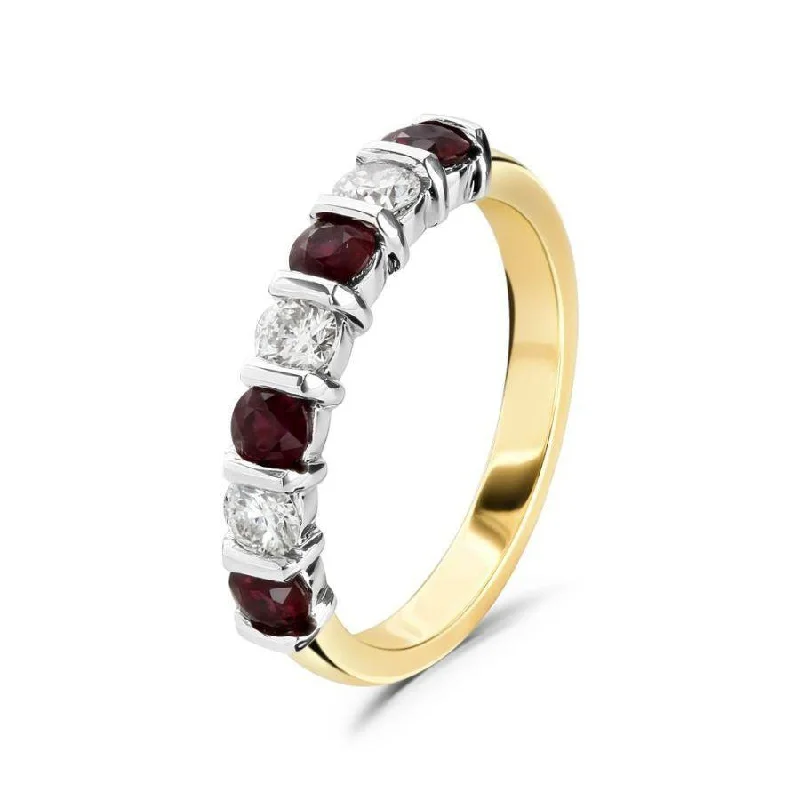 Worn lock engagement rings-18ct Yellow Gold Ruby & Diamond Bar Set Half Eternity Ring