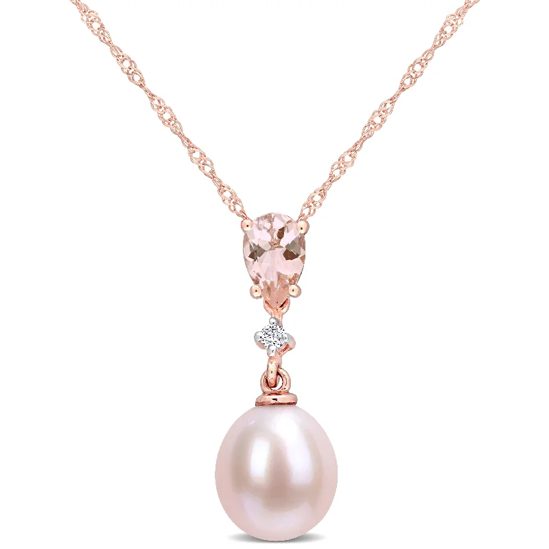 Bali style necklaces-Miadora 10k Rose Gold Cultured FW Pink Pearl, Morganite & Diamond Accent Teardrop Necklace (9-9.5mm)