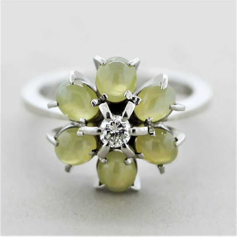 Elegant design rings-Estate Cat’s Eye Chrysoberyl Diamond Platinum Flower Ring 3.08CTW