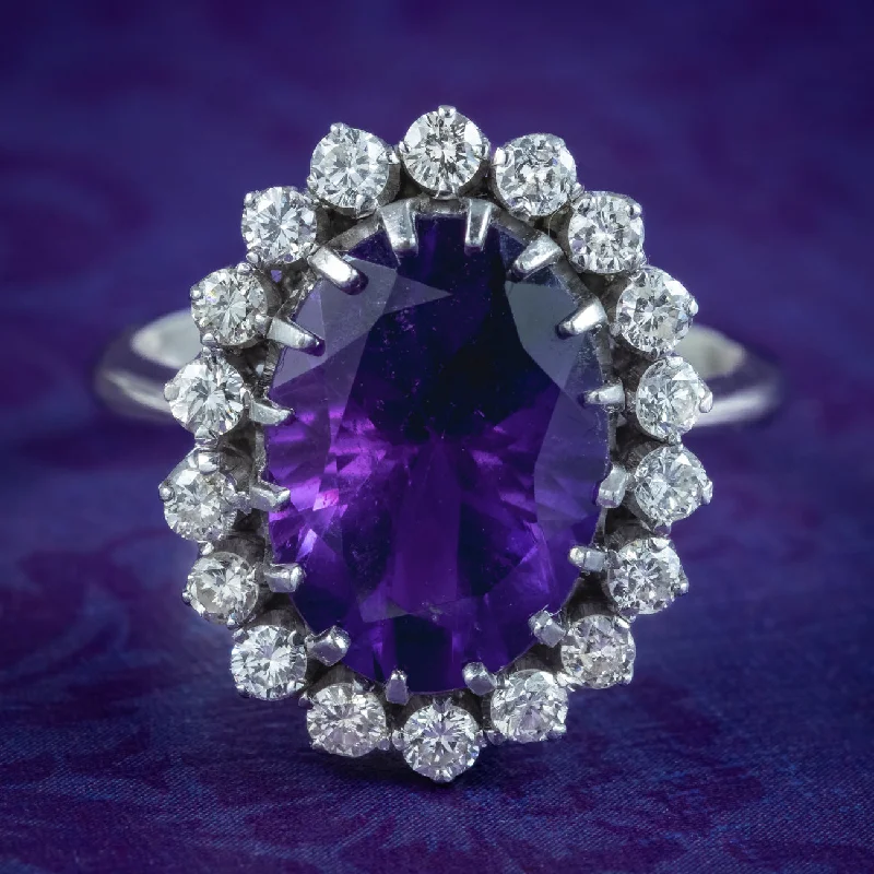 Ripple style rings-Vintage Amethyst Diamond Cluster Ring 6ct Amethyst