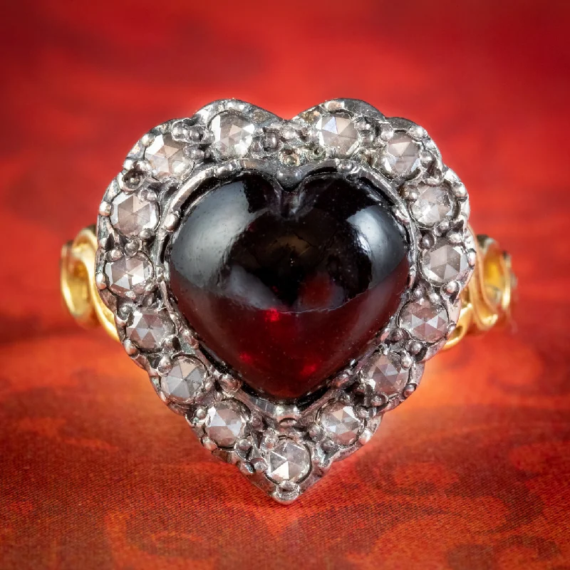 Turquoise gem rings-Victorian Style Garnet Diamond Heart Ring Silver 18ct Gold 4ct Garnet 1ct Of Diamond