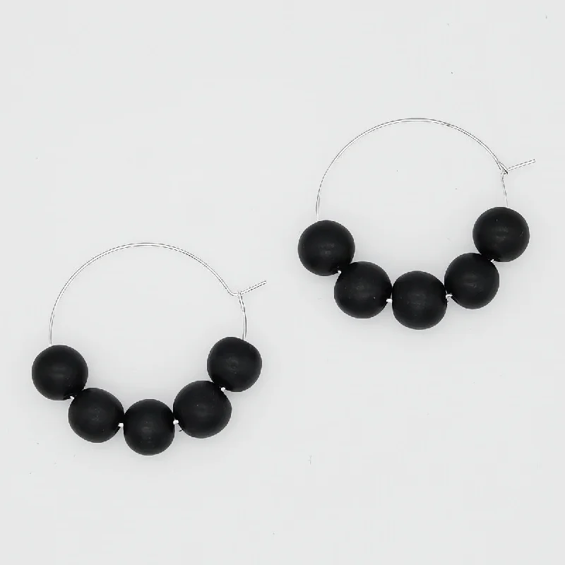 Tiny bead earrings-Black Hoop Dangle Earring