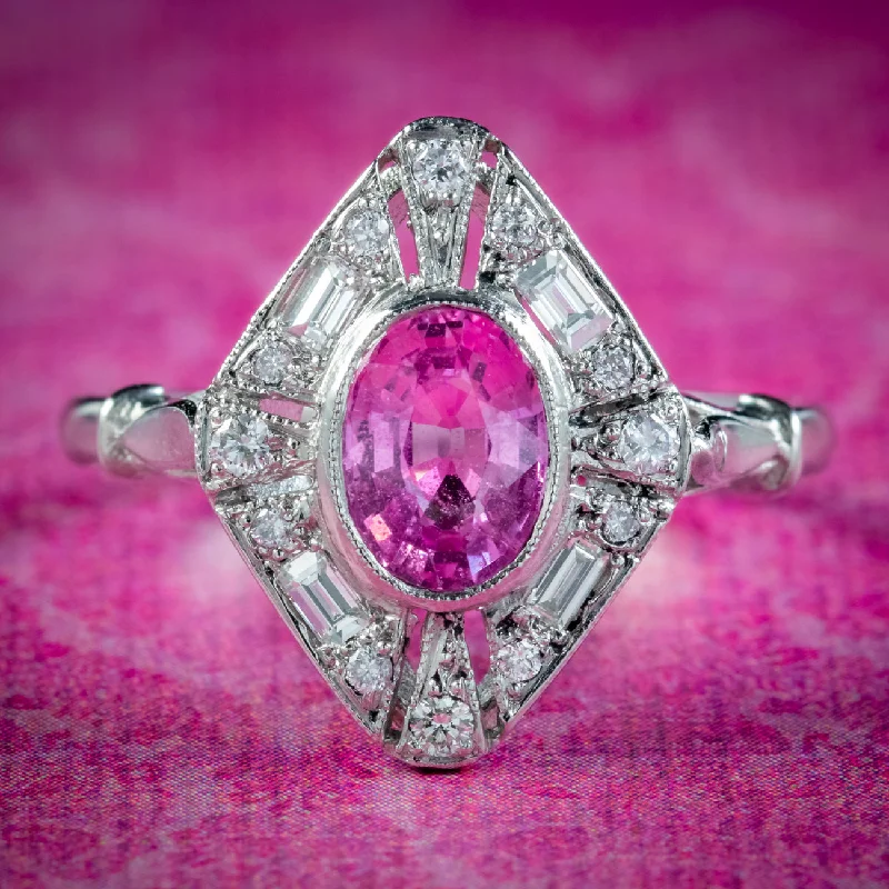 Vintage flair rings-Art Deco Style Pink Sapphire Diamond Cluster Ring 1.20ct Sapphire