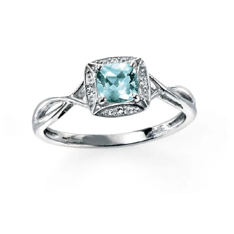 Open frame engagement rings-9ct White Gold Round Cut Aquamarine & Square Shaped Diamond Halo Twist Ring