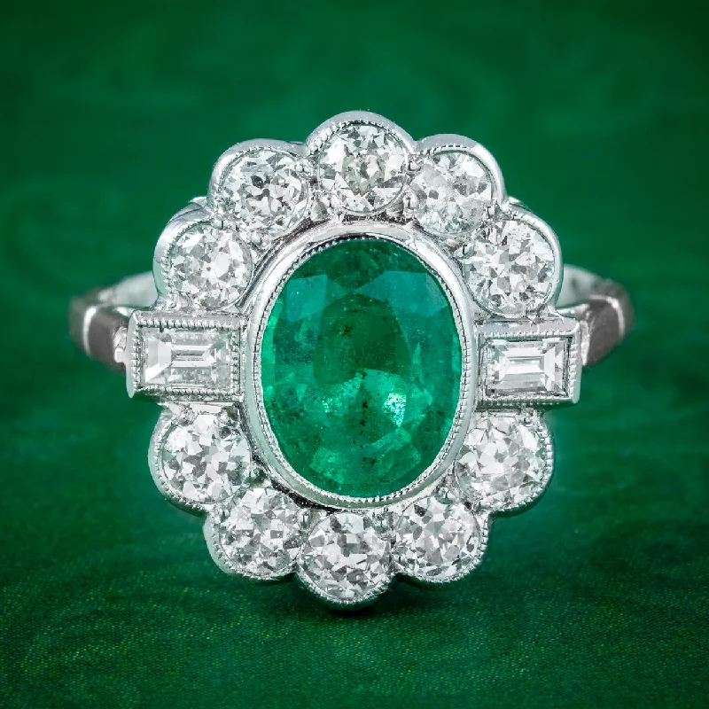 Quartz inlay rings-Art Deco Style Emerald Diamond Cluster Ring 2ct Emerald