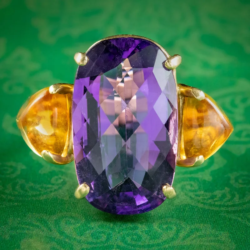 Topaz inlay rings-Vintage Amethyst Citrine Cocktail Ring 30ct Amethyst Circa 1970