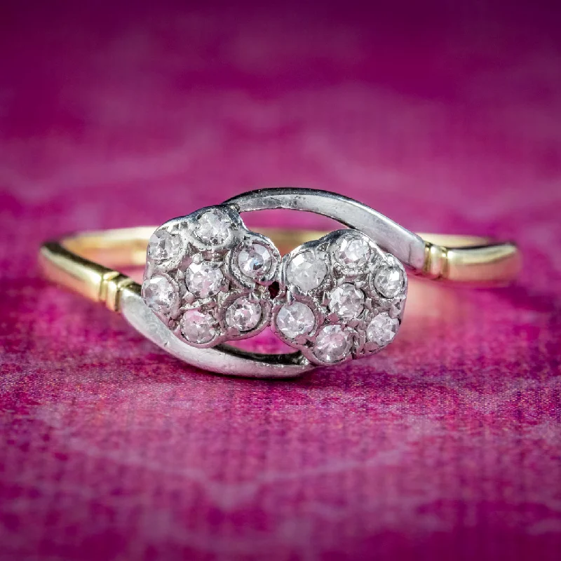 Worn texture rings-Antique Art Deco Toi Et Moi Diamond Flower Twist Ring