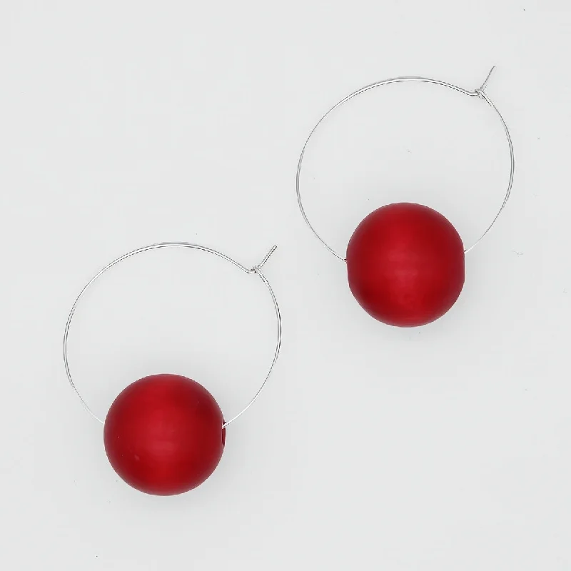 Smooth dangle earrings-Red Ball Hoop Dangle Earring