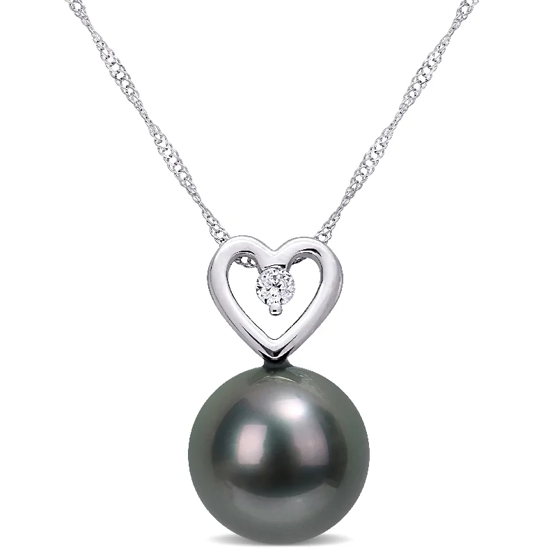 Cosmic charm necklaces-Miadora Tahitian Cultured Pearl & Diamond Accent Heart Drop Necklace in 10k White Gold (9.5-10mm)