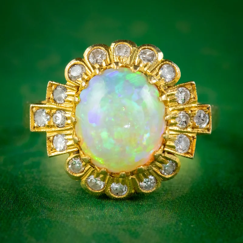 Sleek modern rings-Vintage Opal Diamond Cluster Ring 18ct Gold 2.50ct Natural Opal