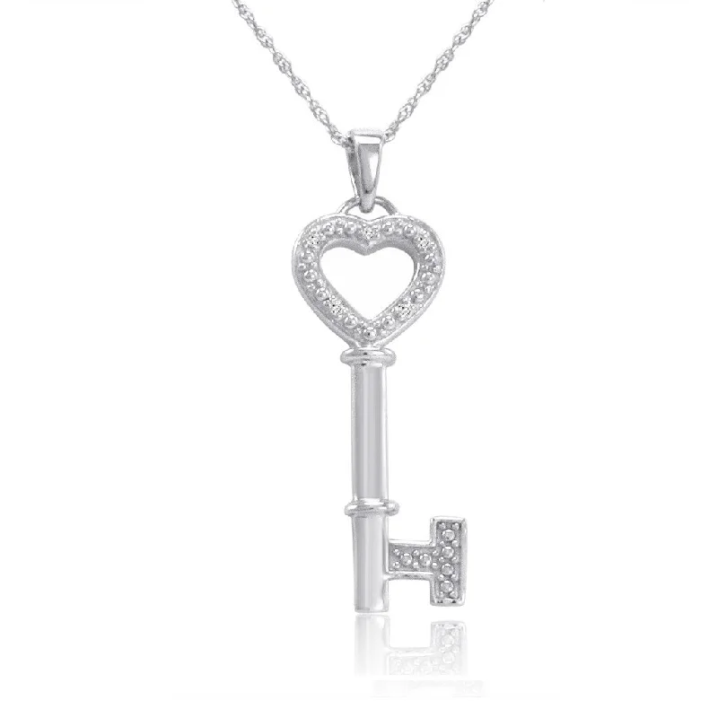 Daisy design necklaces-Diamond Key To Hear Heart Pendant Necklace in Sterling Silver 18 inch