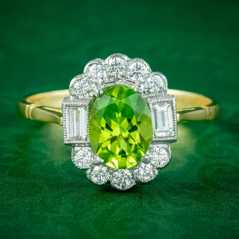 Topaz inlay rings-Art Deco Style Peridot Diamond Cluster Ring 1.3ct Peridot