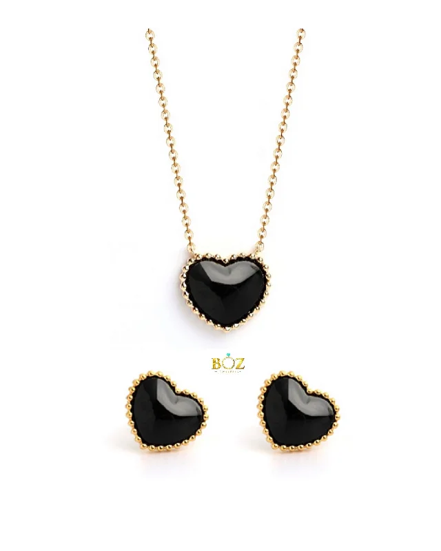 Lapis stone necklaces-Amor Necklace-Earring Set 18karat Gold (Black)