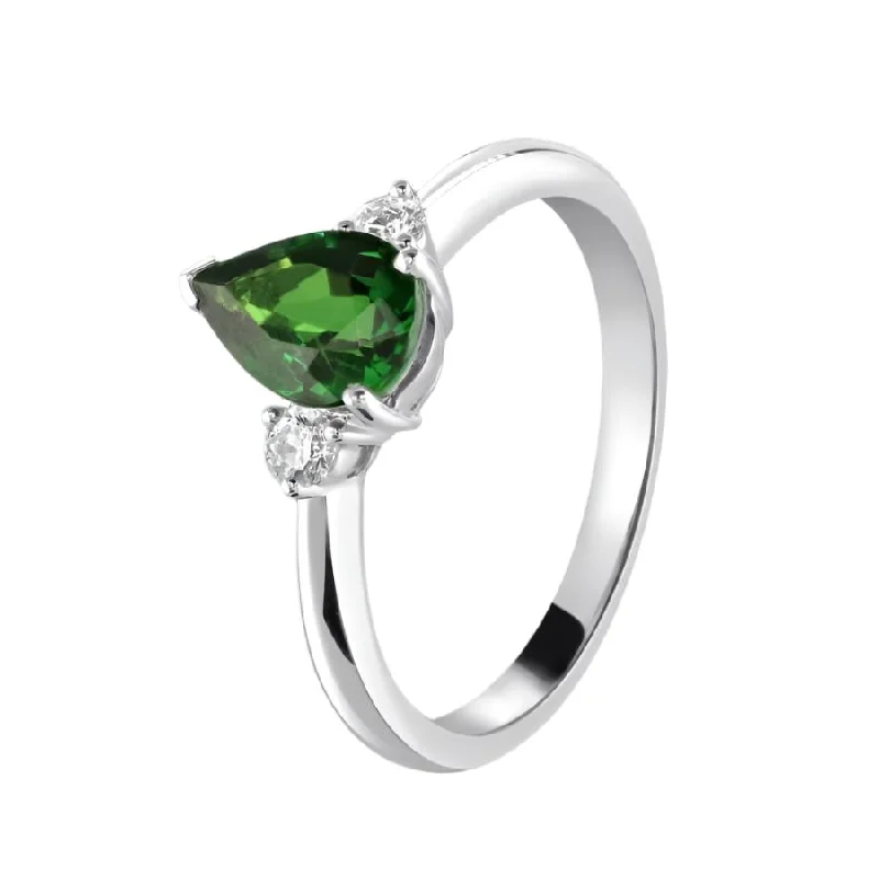 Small stack engagement rings-18ct White Gold Pear Cut Tsavorite & Round Brilliant Cut Diamond Trilogy Ring