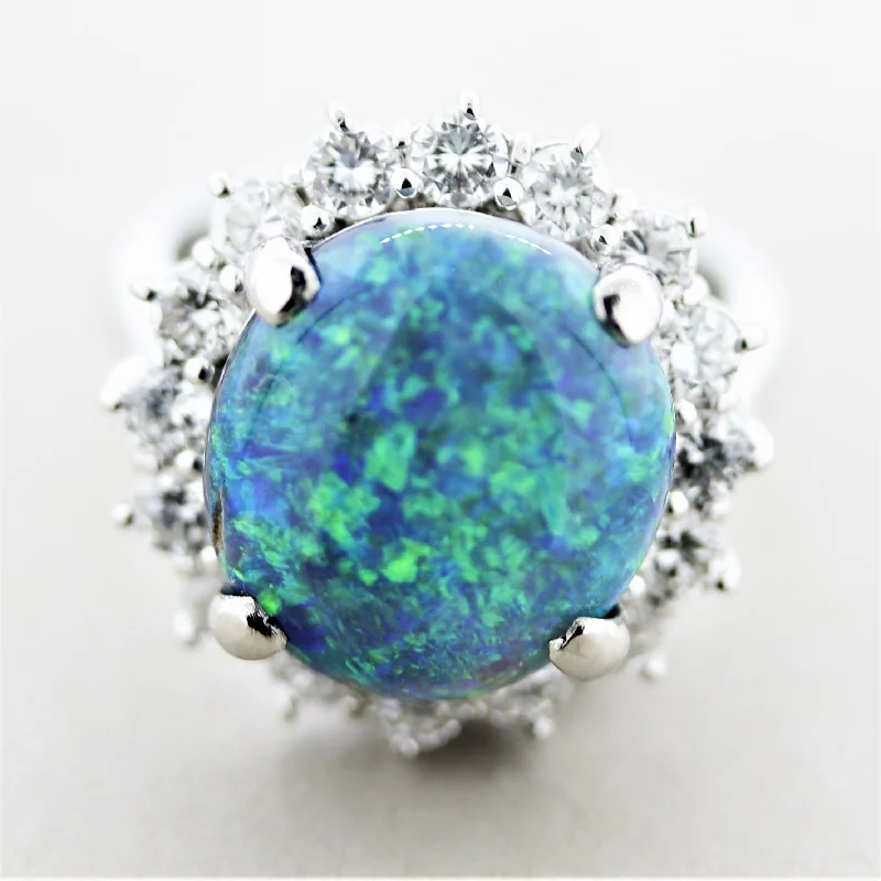 Antique promise rings-Blue-Green Australian Opal Diamond Halo Platinum Ring