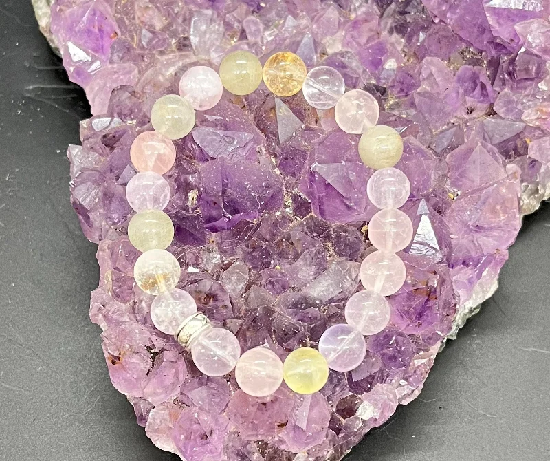 Owl motif bangles-Rose Quartz, Amethyst, Citrine and Prehnite 10mm Stretchy Bracelet