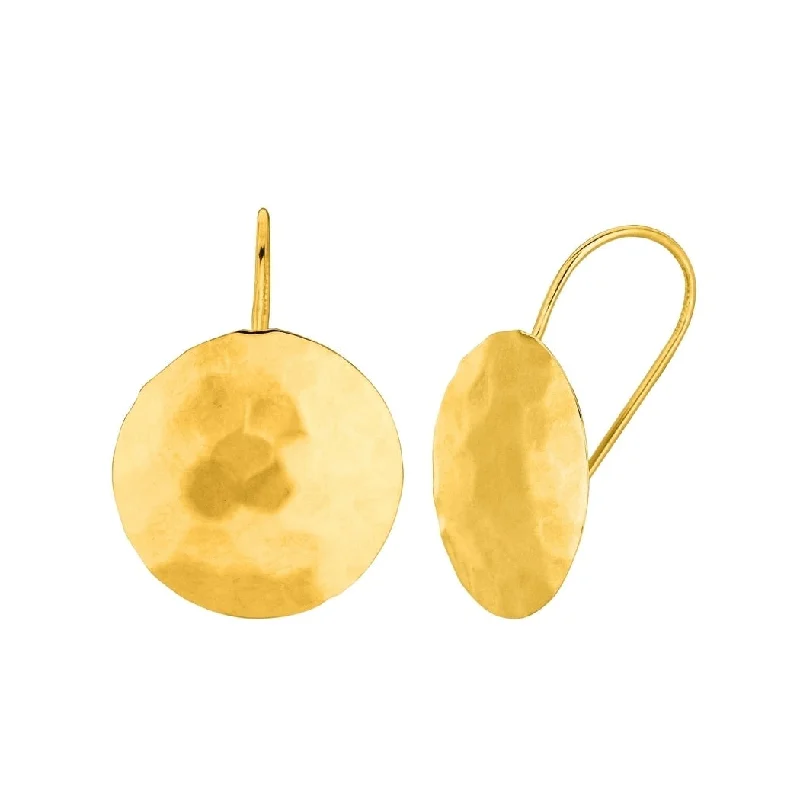 Polished gem earrings-Curata 14k Yellow Gold 22x15mm Round Hammered Disk Hook Earring