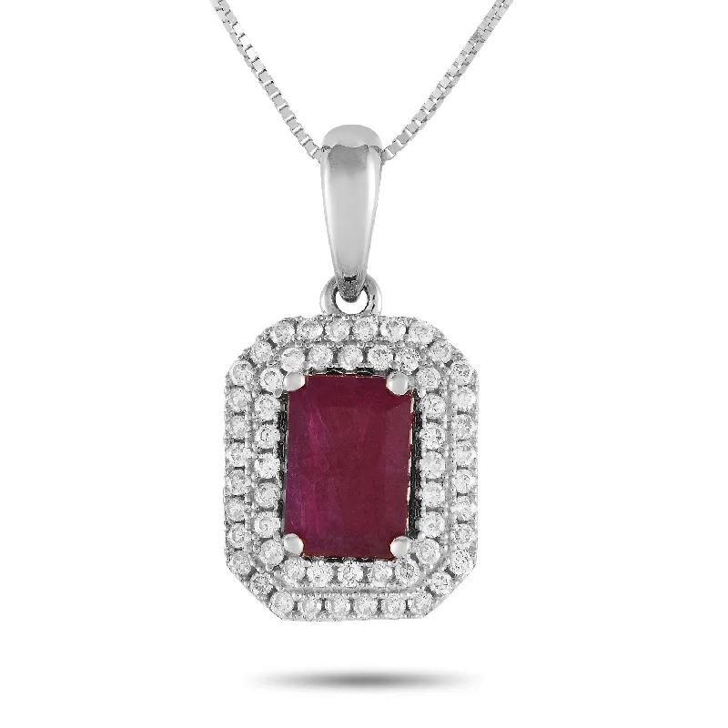 Chunky gem necklaces-White Gold 0.24ct Diamond and Emerald-Cut Ruby Necklace PD4-15905WRU Length 16 Inch