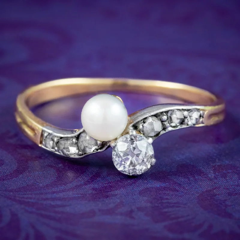 Pink quartz rings-Antique Edwardian Diamond Pearl Toi Et Moi Twist Ring