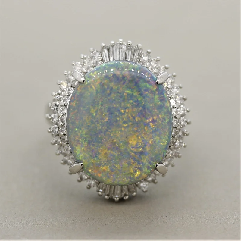 Blended metal rings-Australian Opal Diamond Platinum Ring