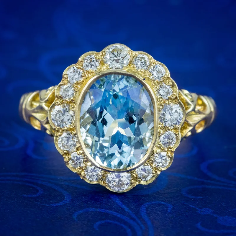 Fluid gem rings-Victorian Style Aquamarine Diamond Cluster Ring 2.5ct Aqua