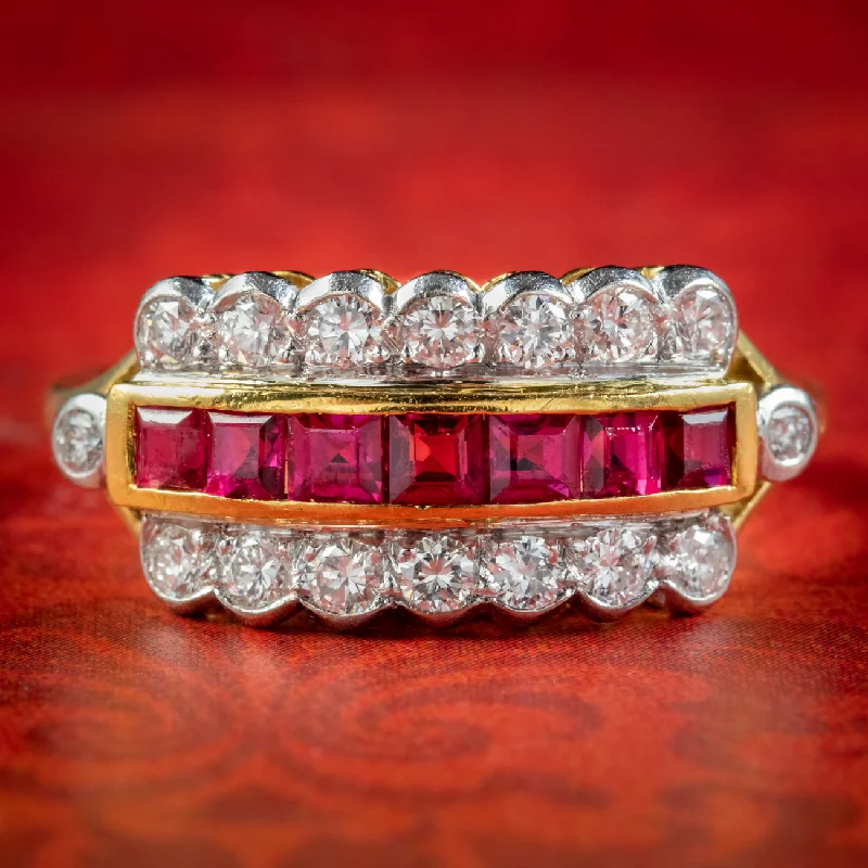 Open frame rings-Art Deco Style Ruby Diamond Cluster Ring Dated 1983