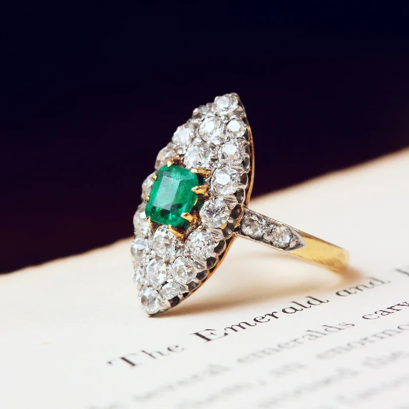 Sleek band rings-Utterly Charming Edwardian Emerald and Diamond Navette Cluster Ring