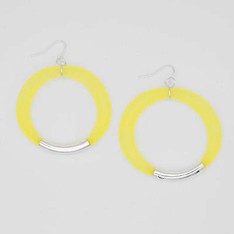 Matte texture earrings-Yellow and Silver Mesh Hoop Earring