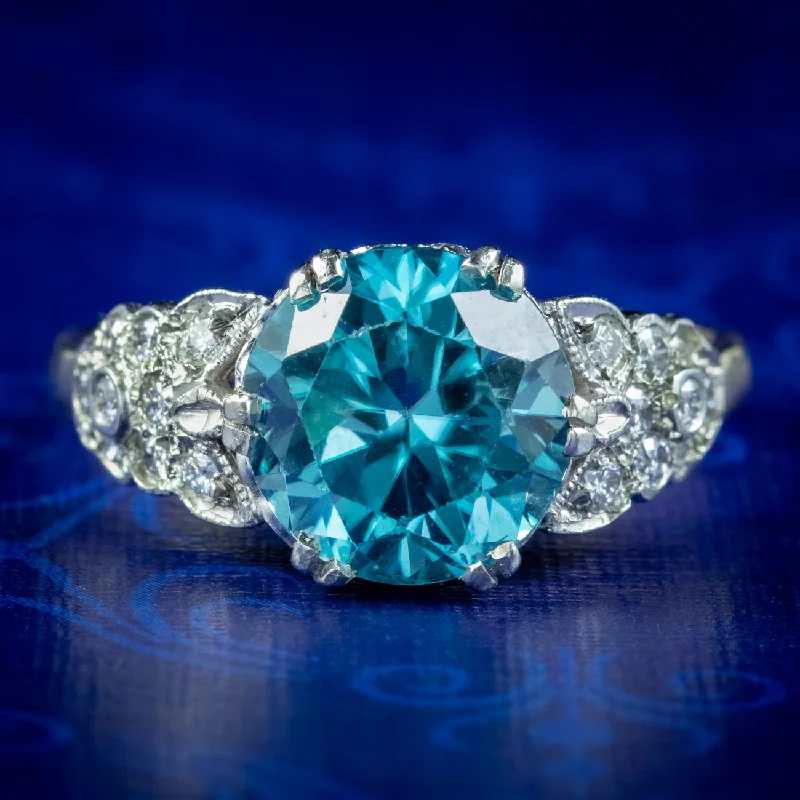 Pure charm rings-Antique Edwardian Blue Zircon Diamond Ring 3.6ct Zircon