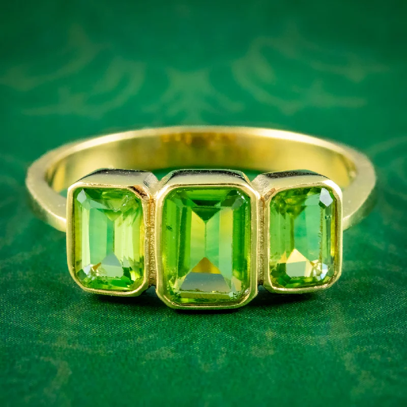 Glossy enamel rings-Art Deco Style Peridot Trilogy Ring 2.2ct Of Peridot